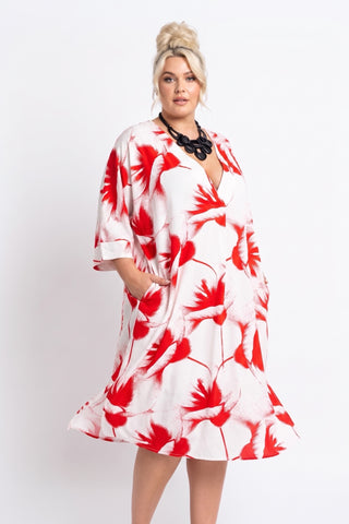 Tunika-Kleid aus Viskose mit V-Ausschnitt bis Größe 62 in rot-weiß druck von Vincenzo Allocca