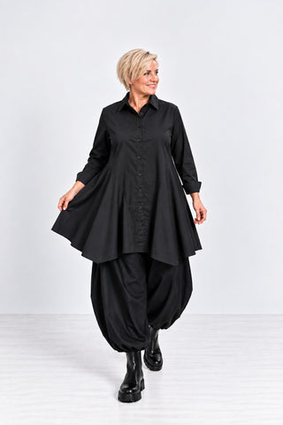 Longbluse Damen in A-Linie mit Hemdblusenkragen, Knopfleiste und seitlichen Eingrifftaschen