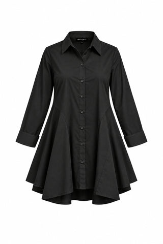 Longbluse Damen in A-Linie mit Hemdblusenkragen, Knopfleiste und seitlichen Eingrifftaschen
