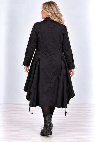 Schwarzes Blusenkleid von Vincenzo Allocca aus Baumwoll-Stretch mit Hemdkragen, Zwei-Wege-Reißverschluss, seitlichen Raffungen und ausgestellter Silhouette, Rückenteil