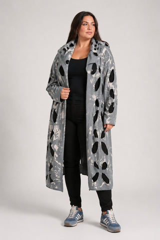 Cardigan aus schwarzem Ausbrenner-Stoff mit Cut-outs, schwarzem Mesh und Kapuze