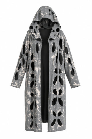 Cardigan aus schwarzem Ausbrenner-Stoff mit Cut-outs, schwarzem Mesh und Kapuze