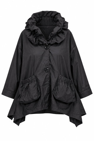 Schwarze Oversize-Jacke von Vincenzo Allocca aus hochwertigem Memory-Stoff mit voluminösem gerafftem Kragen, Knopfverschluss und zwei aufgesetzten Taschen