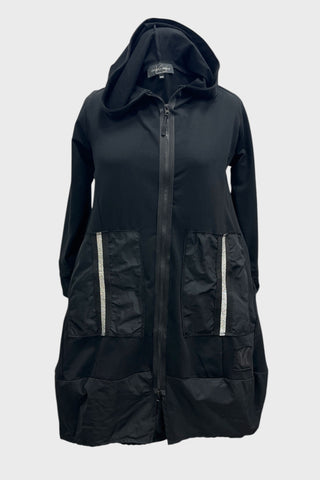 Vincenzo Allocca Plus Size Jacke aus Baumwolle mit Memory-Patches, Kapuze mit Logo-Band, Ballonform und Silberband – Damenmode in großen Größen