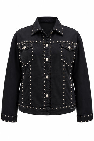 Schwarze Damen-Jeansjacke von Vincenzo Allocca mit silberfarbenen Nieten, Knopfleiste, Brusttaschen und seitlichen Eingrifftaschen