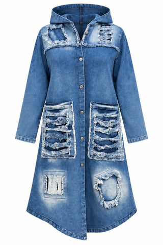Blauer Jeansmantel von Vincenzo Allocca mit Kapuze, ausgefransten Applikationen, großen aufgesetzten Taschen und asymmetrischem Saum