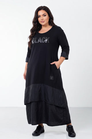 Damen Kleid im Materialmix mit schwarzer Lackapplikation, Ballonform und 3/4-Ärmeln von Vincenzo Allocca