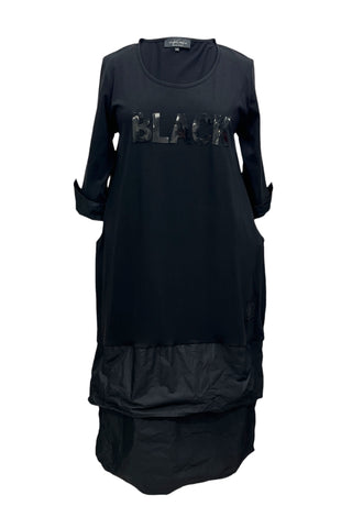 Damen Kleid im Materialmix mit schwarzer Lackapplikation, Ballonform und 3/4-Ärmeln von Vincenzo Allocca