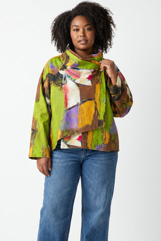 Gefütterte Baumwoll-Kurzjacke von Frenzi mit Motivdruck, kastigem Schnitt und asymmetrischer Vorderpartie