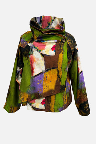 Gefütterte Baumwoll-Kurzjacke von Frenzi mit Motivdruck, kastigem Schnitt und asymmetrischer Vorderpartie