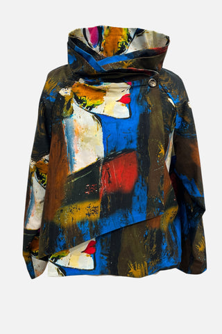 Gefütterte Baumwoll-Kurzjacke von Frenzi mit Motivdruck, kastigem Schnitt und asymmetrischer Vorderpartie. Mehrfarbig
