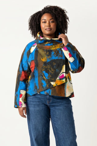 Gefütterte Baumwoll-Kurzjacke von Frenzi mit Motivdruck, kastigem Schnitt und asymmetrischer Vorderpartie. Mehrfarbig