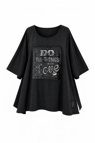 Schwarzes Oversize-Shirt für Damen von Vincenzo Allocca aus Baumwoll-Stretch mit Do All Things With Love Statement-Applikation