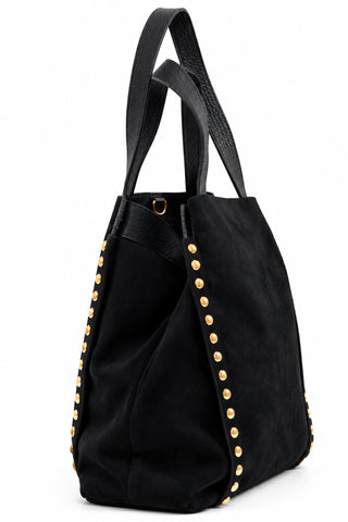 Schwarzer Shopper mit goldfarbenen Nieten und langen schwarzen Henkeln