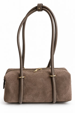 Taupefarbene Handtasche aus echtem Wildleder mit goldfarbenen Details