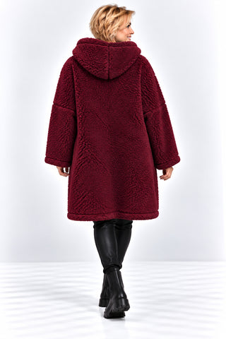 Teddy Jacke von Lacasa in bordeaux mit Kapuze und Reißverschluss in lässiger Oversize-Passform , Rückenteil