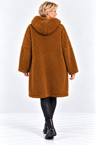 Teddy Jacke von Lacasa in congac mit Kapuze und Reißverschluss in lässiger Oversize-Passform , Rückenteil