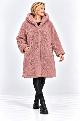Teddy Jacke von Lacasa in altrosé mit Kapuze und Reißverschluss in lässiger Oversize-Passform 