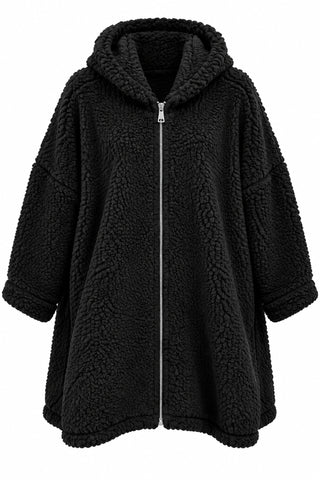 Teddy Jacke von Lacasa in schwarz mit Kapuze und Reißverschluss in lässiger Oversize-Passform 