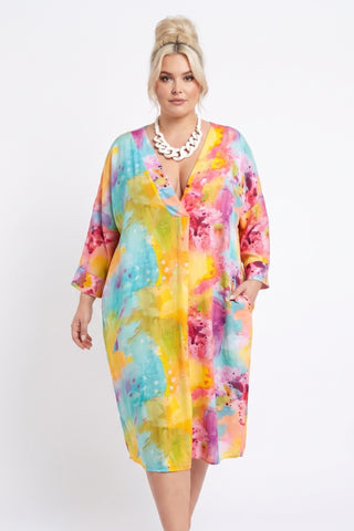 Tunika-Kleid aus Viskose mit V-Ausschnitt bis Größe 62 in multicolor druck von Vincenzo Allocca