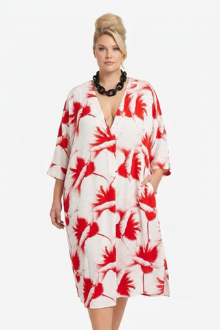 Tunika-Kleid aus Viskose mit V-Ausschnitt bis Größe 62 in rot-weiß druck von Vincenzo Allocca